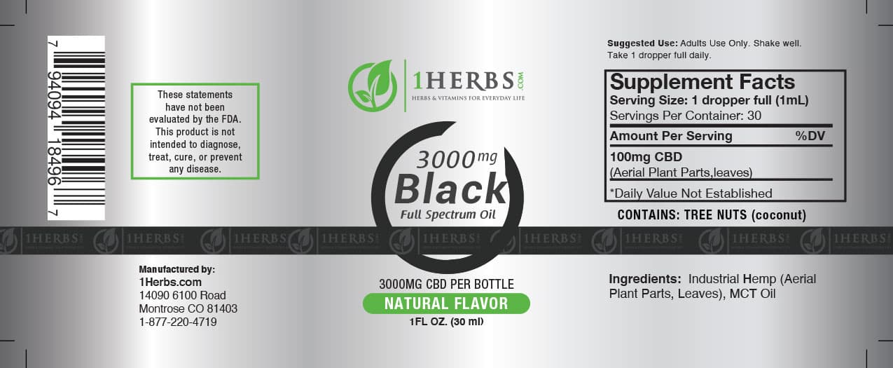 3000mg Full Spectrum CBD Oil label with MCT carrier — 1Herbs