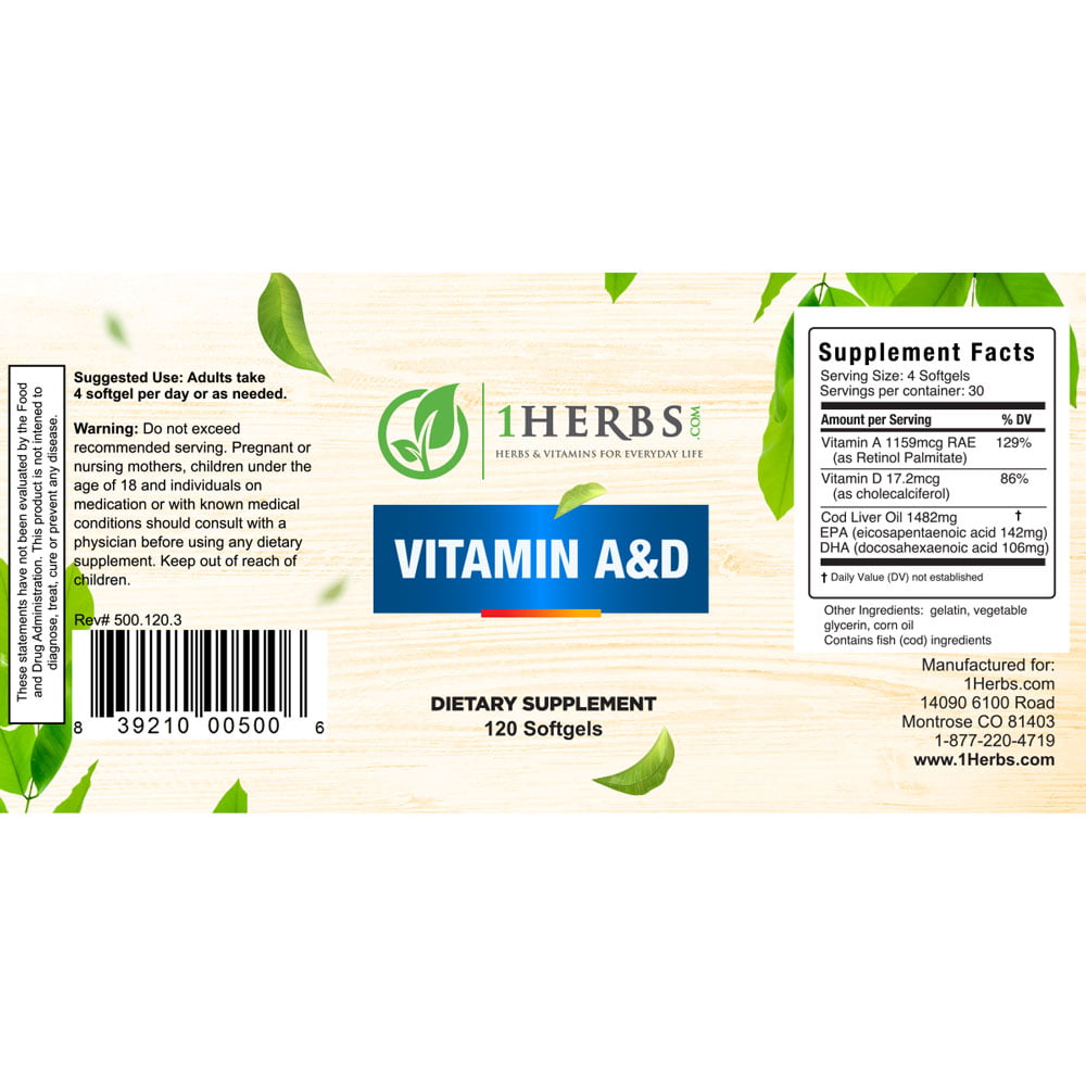 Vitamin A and D supplement facts label 120 gel caps — 1Herbs
