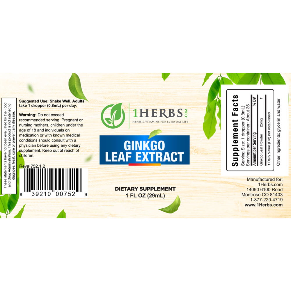 Ginkgo Biloba liquid extract 1oz supplement label – brain & memory support — 1Herbs