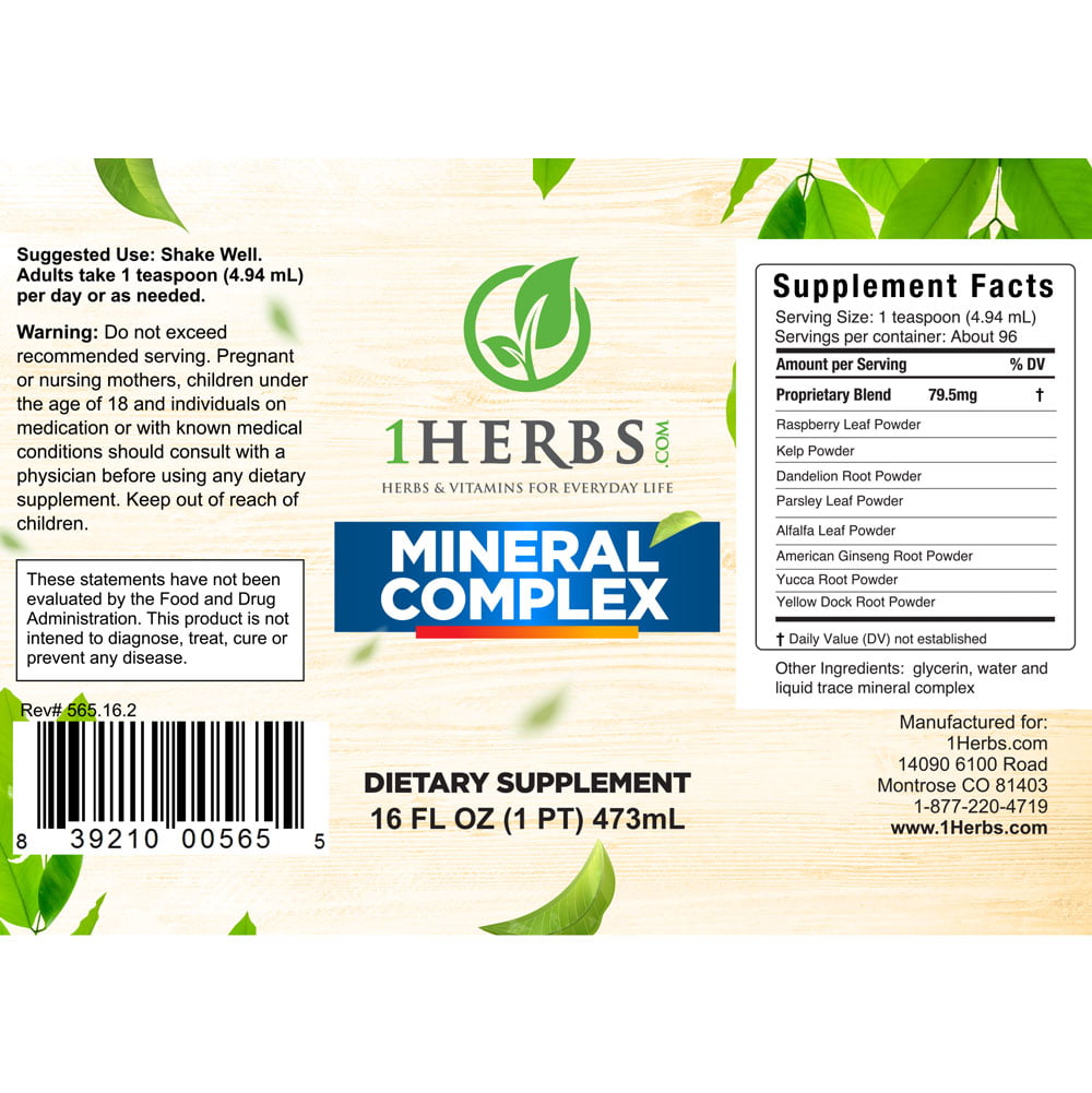 Mineral Complex supplement facts label plant-based minerals — 1Herbs