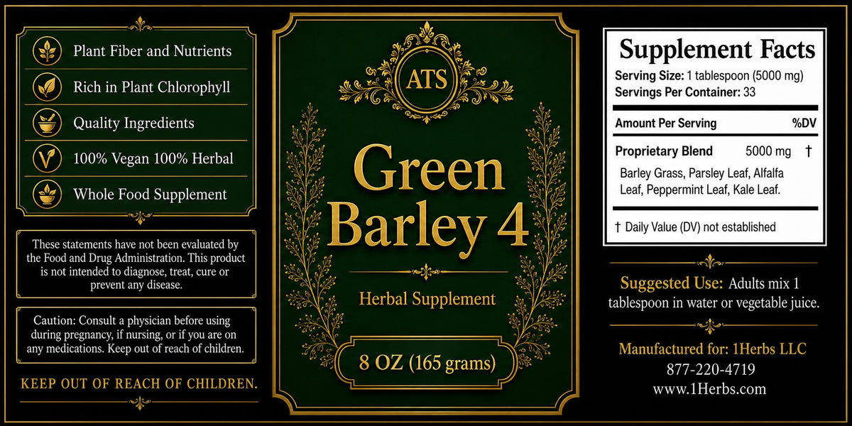 ATS Green Barley 4 whole-food herbal supplement label — barley grass, parsley, alfalfa, peppermint, kale, 8 oz — 1Herbs