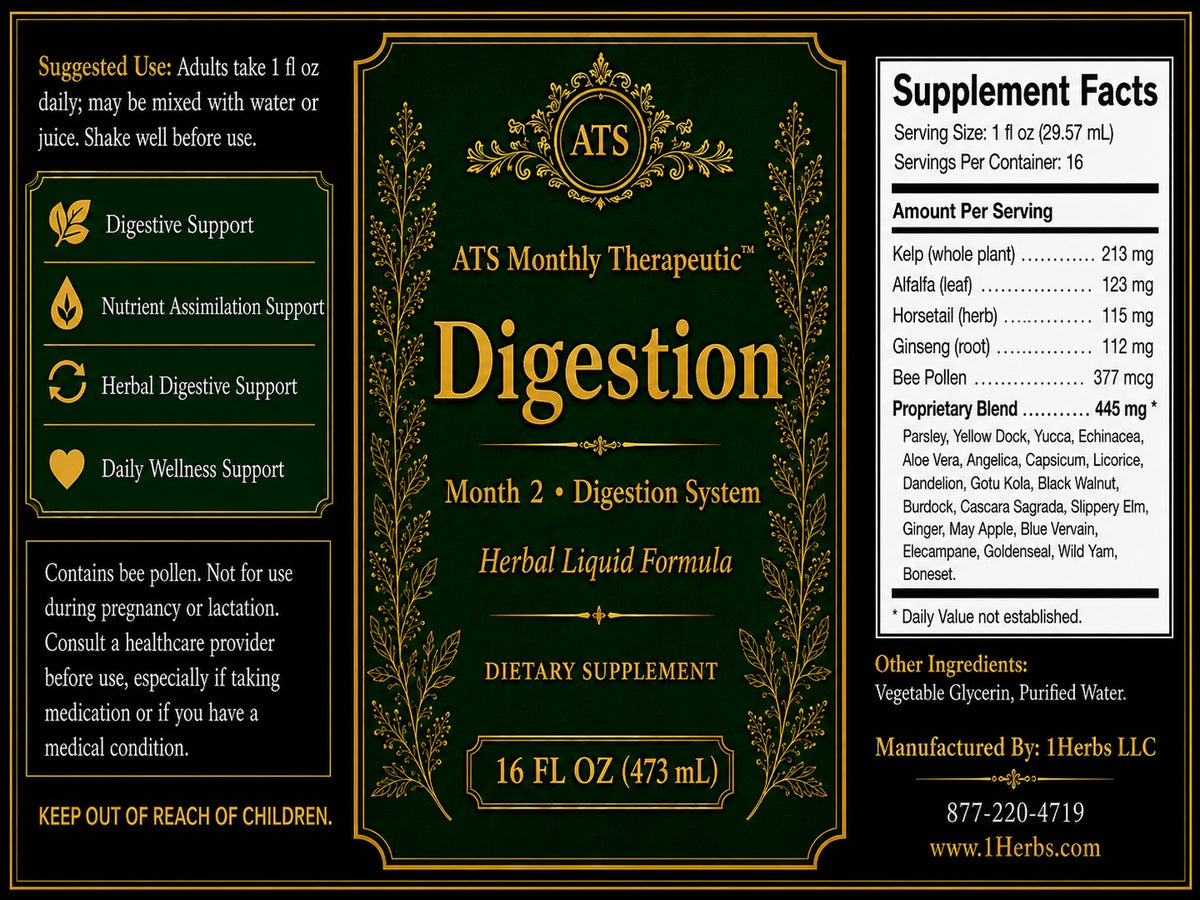 ATS Monthly Therapeutic™ Digestive herbal liquid Supplement Facts label, 16 fl oz — 1Herbs