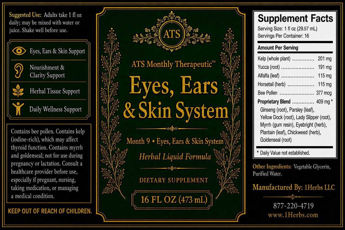 ATS Monthly Therapeutic™ Eyes, Ears & Skin herbal liquid Supplement Facts label, 16 fl oz — 1Herbs