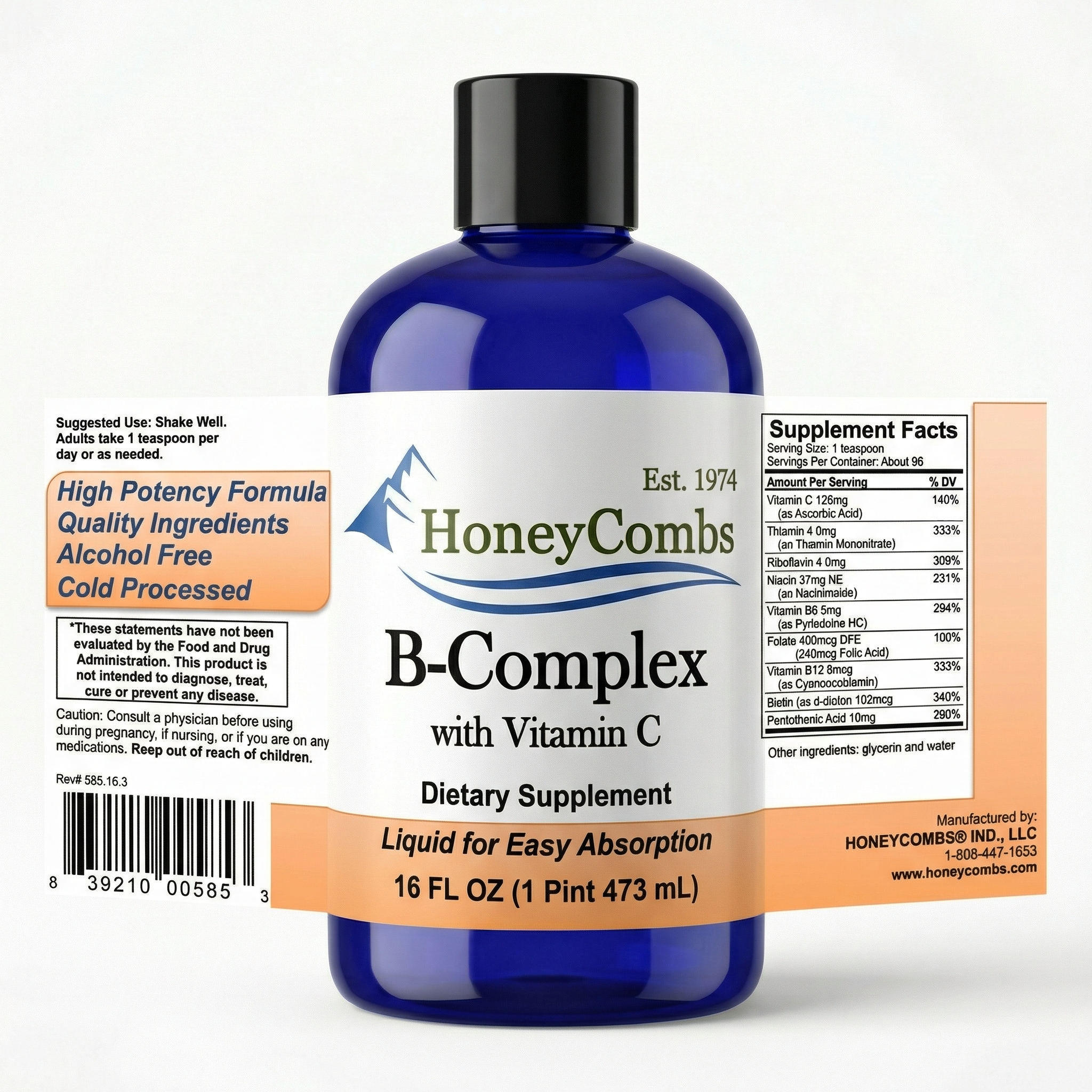 1Herbs Liquid B-Complex with Vitamin C 16oz – All 8 B Vitamins, Alcohol-Free Vegan