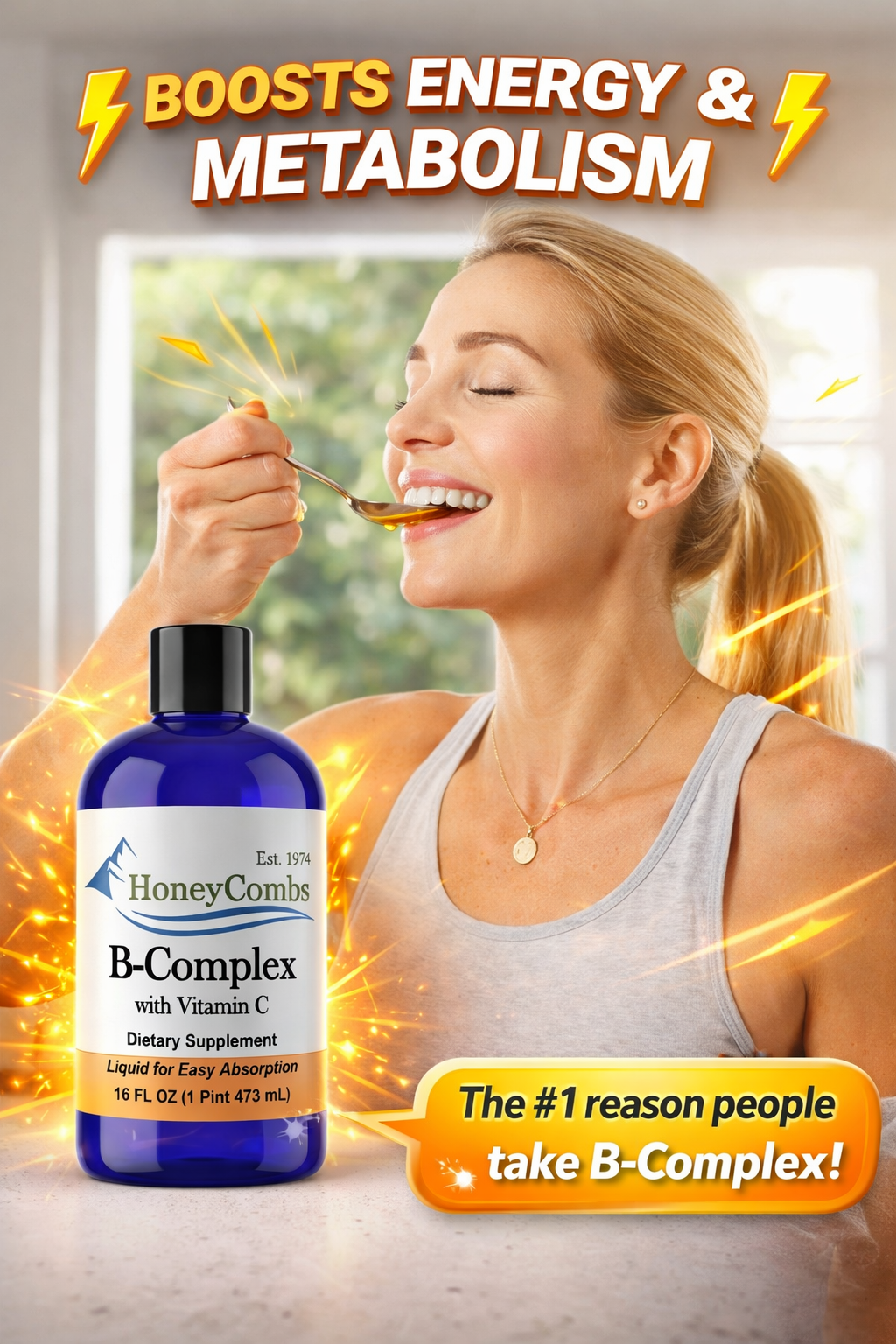 Person taking liquid B-Complex dropper for energy — 1Herbs
