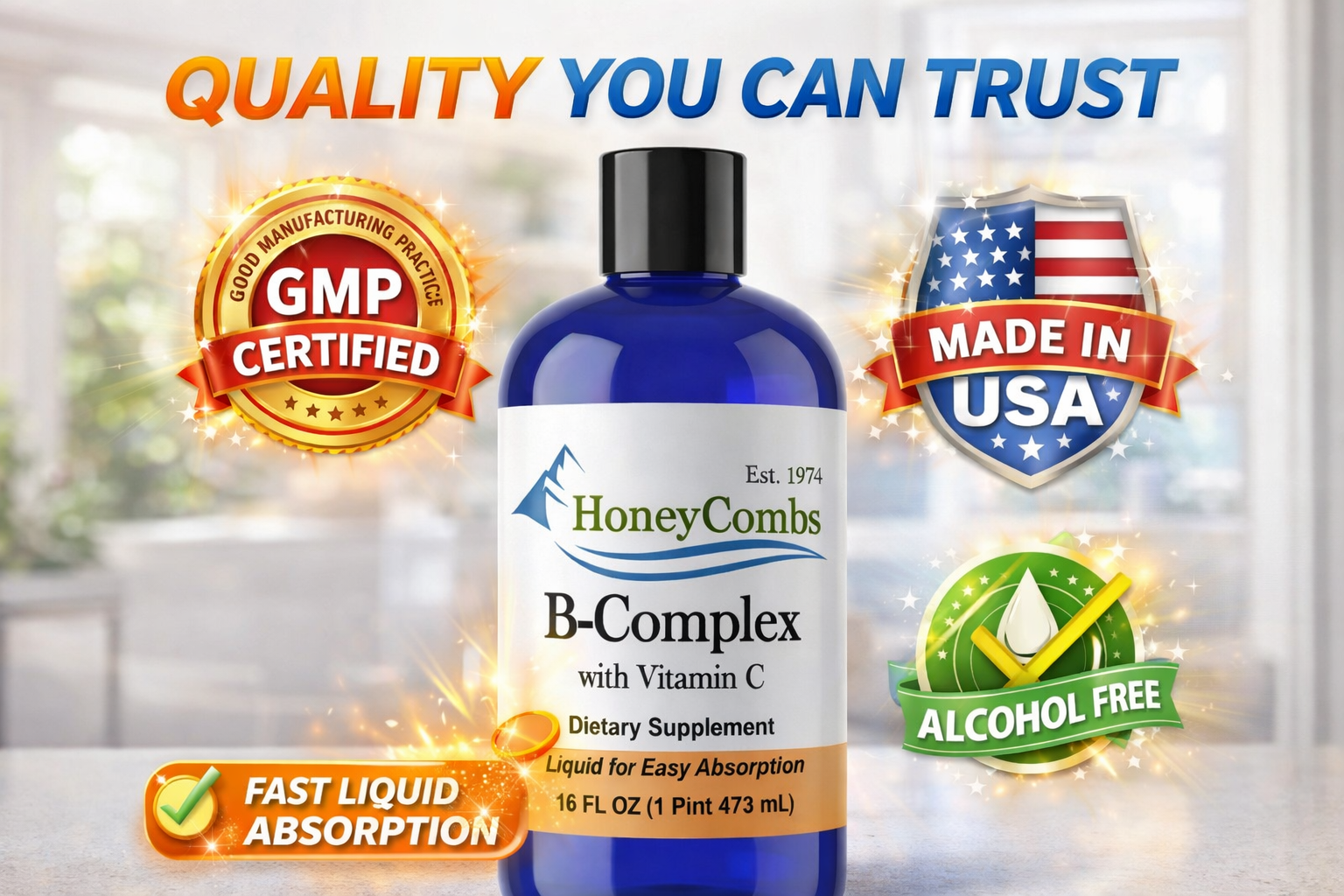 B-Complex Vitamin C bottle daily wellness routine — 1Herbs