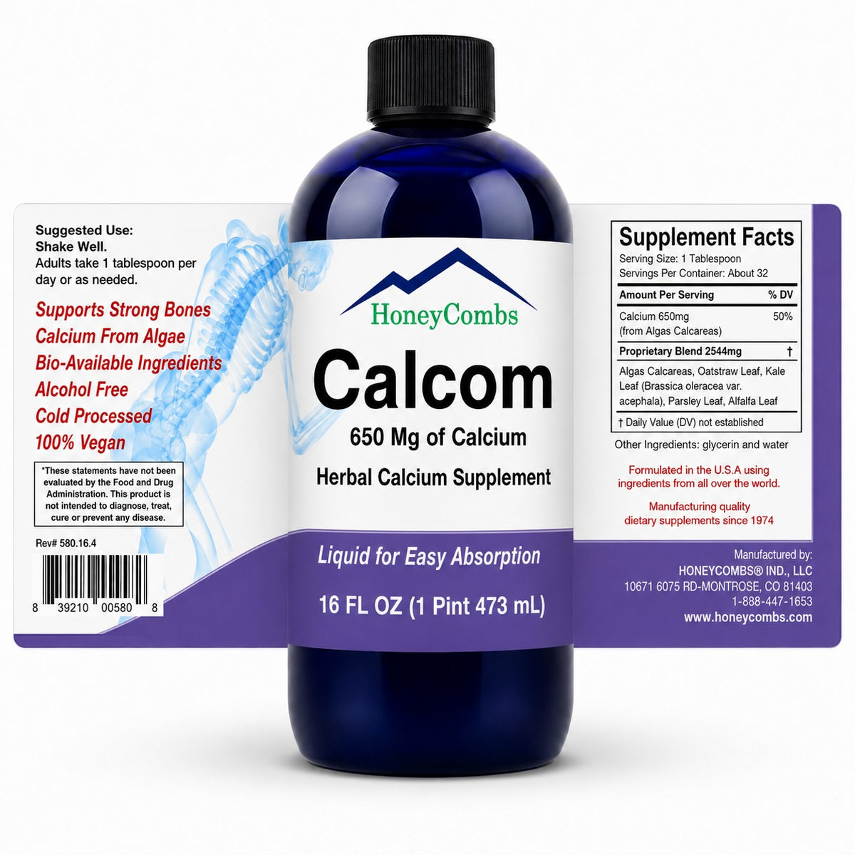 1Herbs Liquid Calcium Complex (CALCOM) 16oz – Plant-Based Calcium Bone Support Bottle