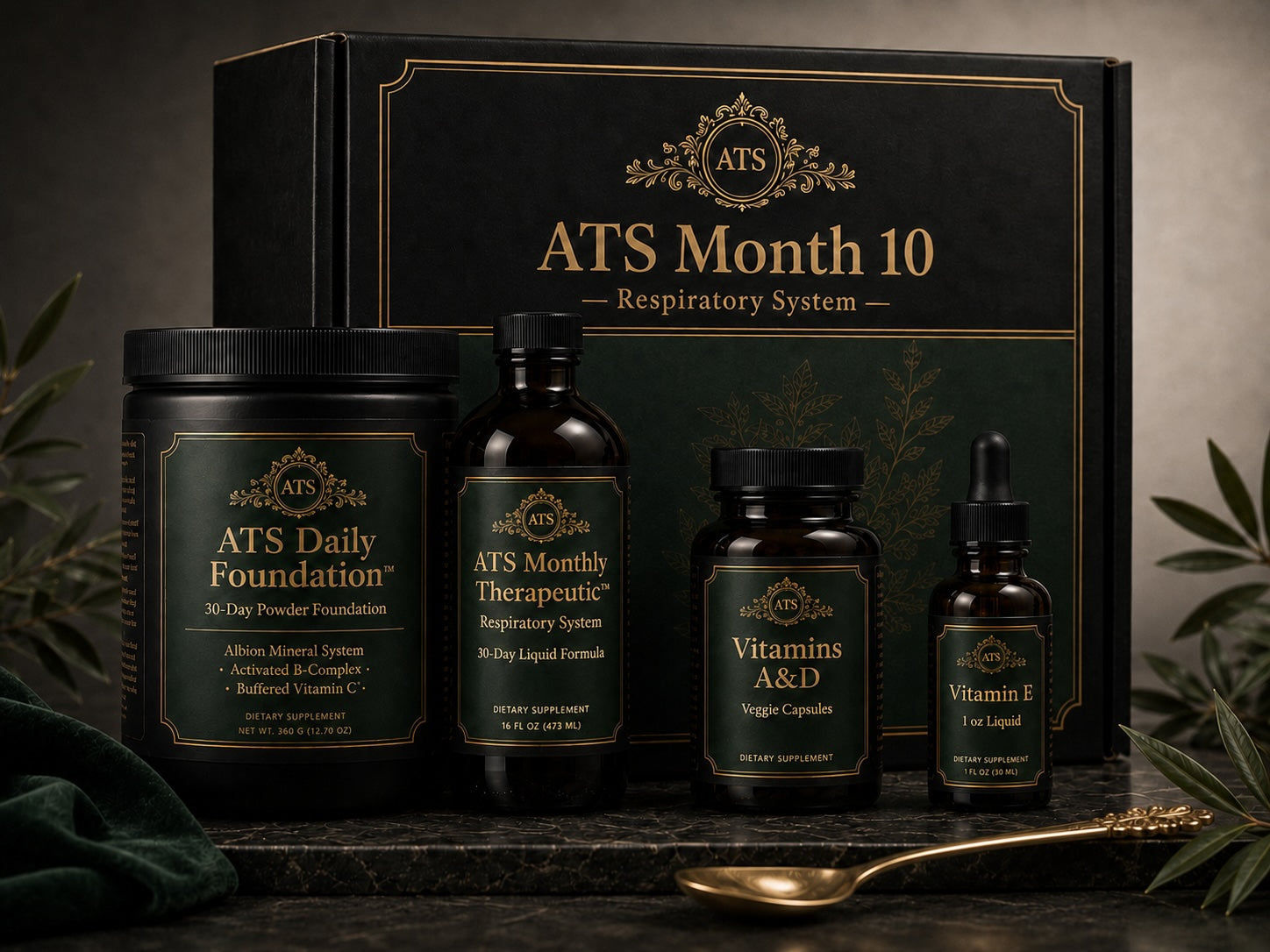 ATS Month 10 Respiratory Support monthly wellness pack by 1Herbs — Daily Foundation powder with a monthly therapeutic herbal liquid.