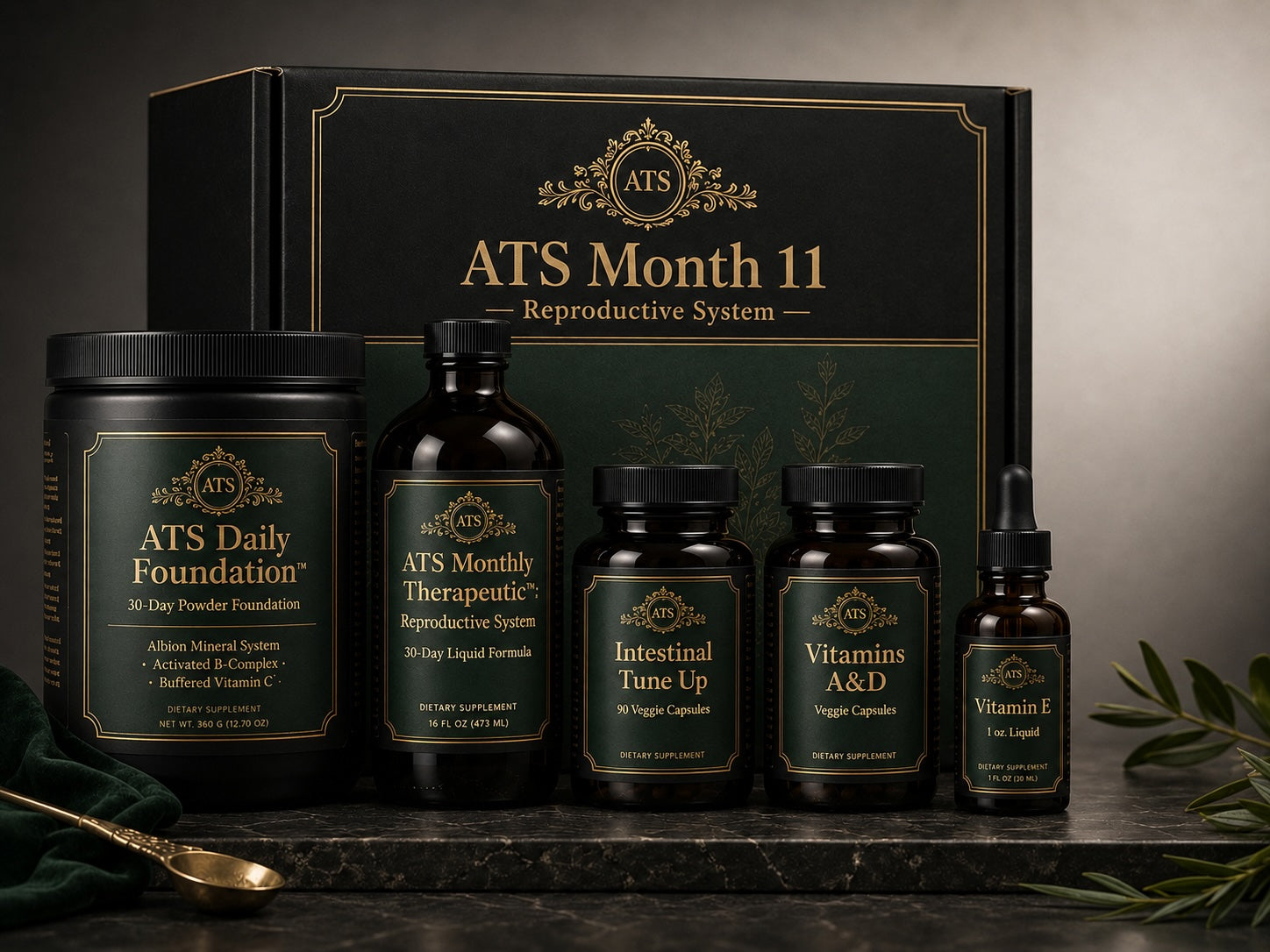 ATS Month 11 Reproductive & Hormonal Support monthly wellness pack by 1Herbs — Daily Foundation powder with a monthly therapeutic herbal liquid.