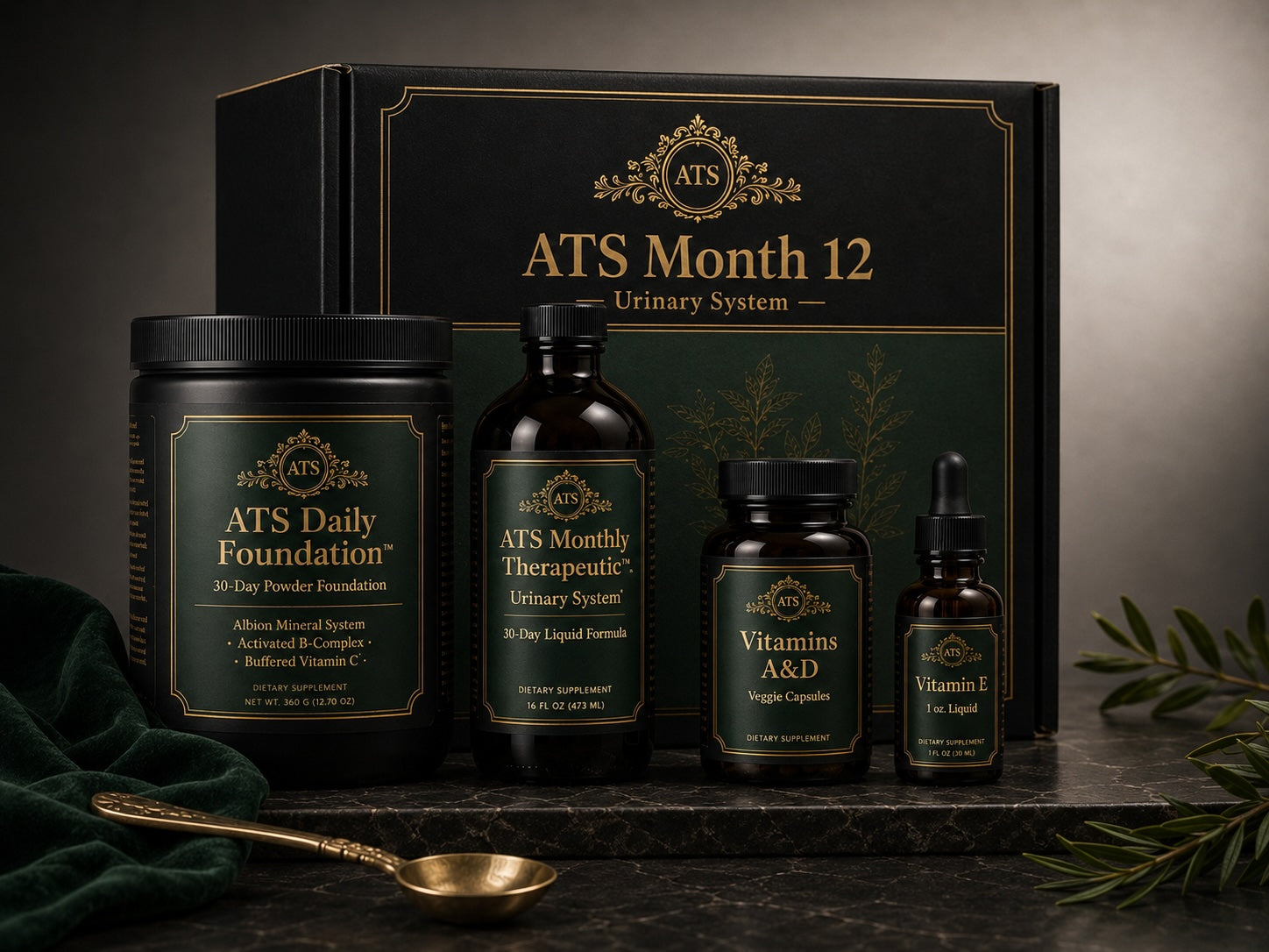 ATS Month 12 Urinary Tract Support monthly wellness pack by 1Herbs — Daily Foundation powder with a monthly therapeutic herbal liquid.