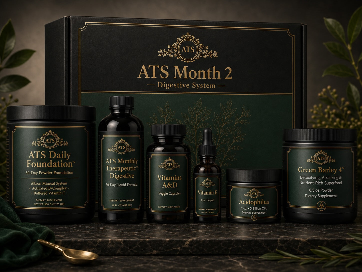 ATS Month 2 Digestive Support monthly wellness pack by 1Herbs — Daily Foundation powder with a monthly therapeutic herbal liquid.