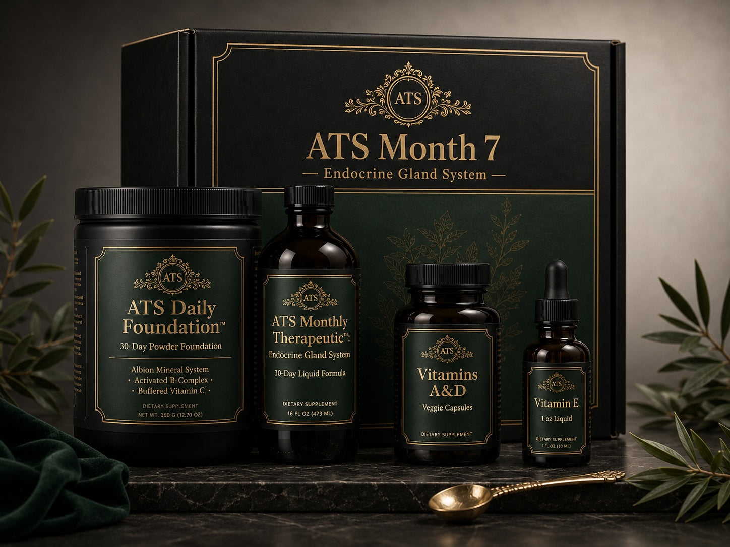ATS Month 7 Endocrine & Glandular Support monthly wellness pack by 1Herbs — Daily Foundation powder with a monthly therapeutic herbal liquid.