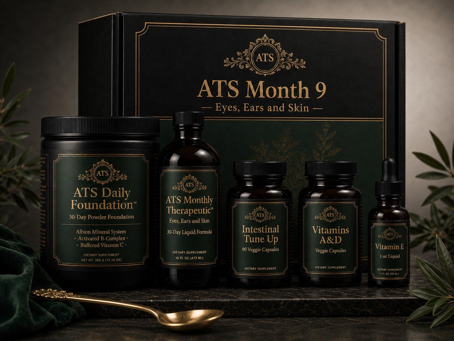 ATS Month 9 Eyes, Ears & Skin Support monthly wellness pack by 1Herbs — Daily Foundation powder with a monthly therapeutic herbal liquid.