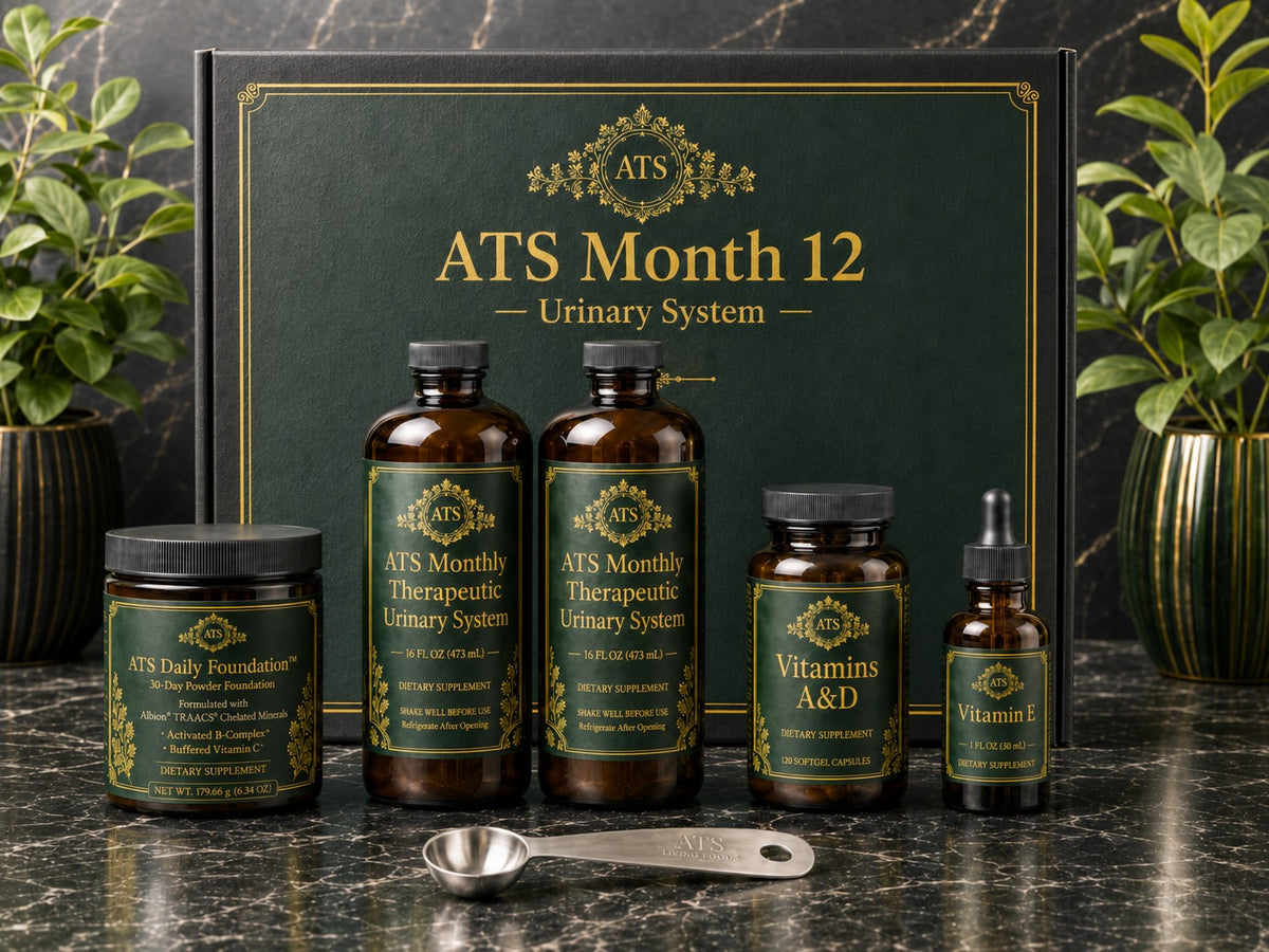 ATS Month 12 — Urinary Tract Support 30-day wellness system by 1Herbs: ATS Daily Foundation™ powder formulated with Albion® TRAACS® Chelated Minerals, two ATS Monthly Therapeutic™ Urinary Tract liquid bottles, Vitamins A&D, and Vitamin E