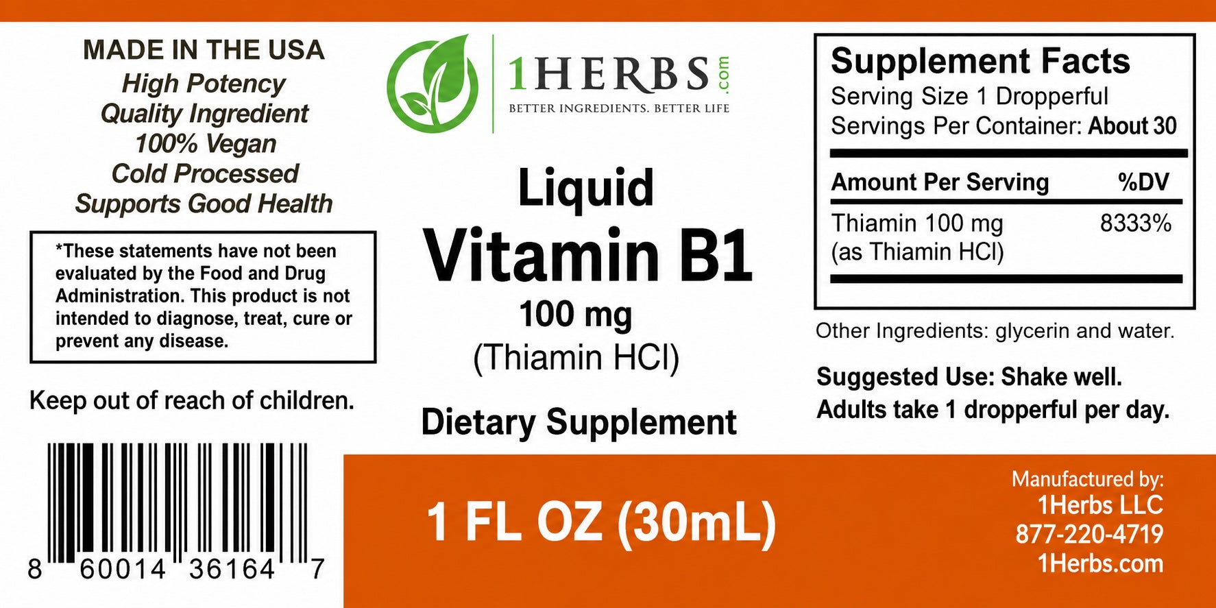 Thiamine HCl 1oz supplement facts label nutrition panel — 1Herbs
