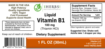 Thiamine HCl 1oz supplement facts label nutrition panel — 1Herbs