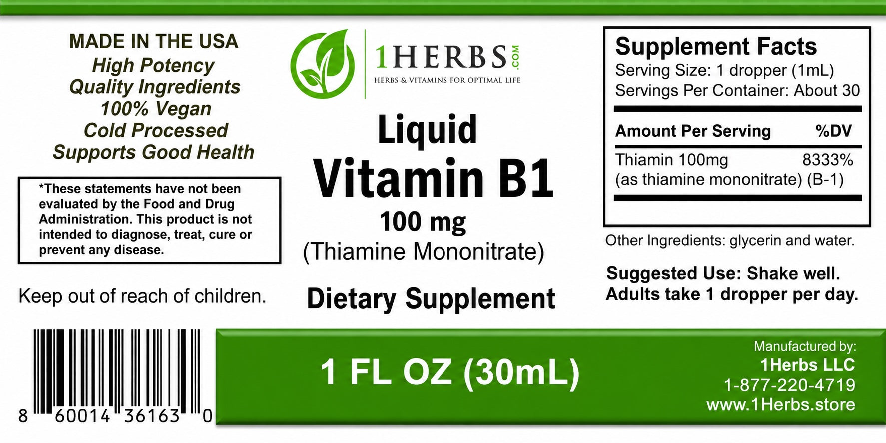 Thiamine Mononitrate 1oz supplement facts label nutrition panel — 1Herbs