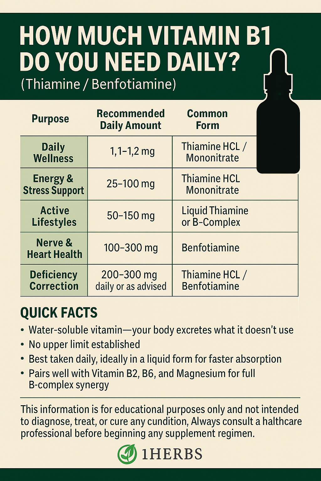 Vitamin B1 quick facts infographic showing benefits and dosage — 1Herbs