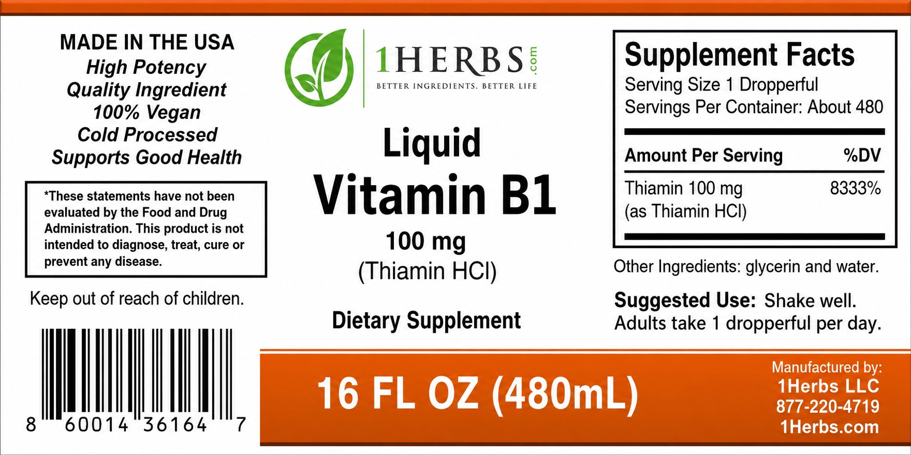 Thiamine HCl 16oz supplement facts label nutrition panel — 1Herbs