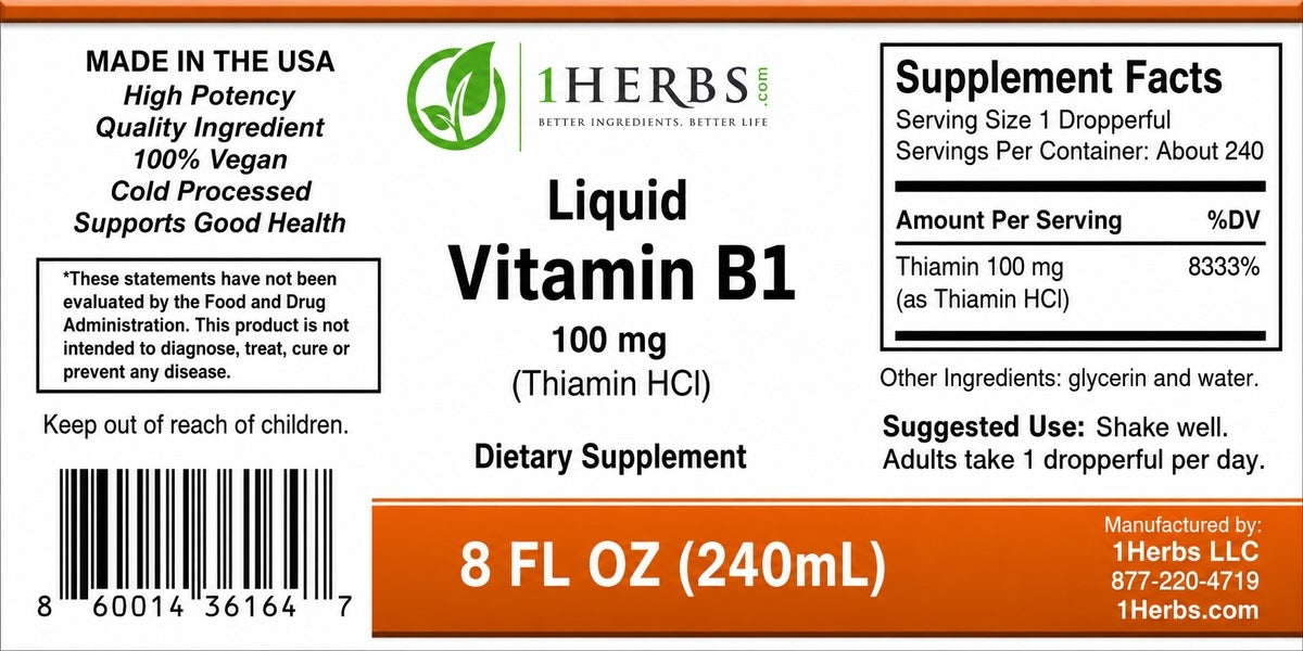 Thiamine HCl 8oz supplement facts label nutrition panel — 1Herbs