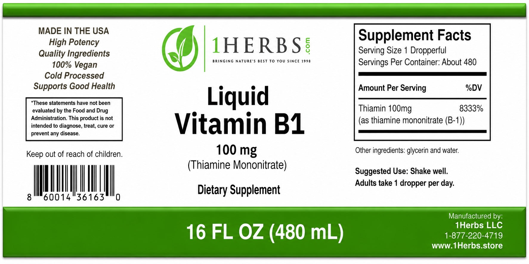 Thiamine Mononitrate 16oz supplement facts label nutrition panel — 1Herbs