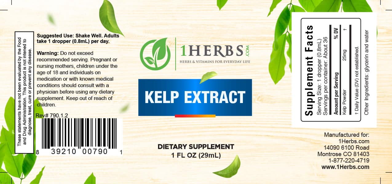 Kelp liquid extract 1oz supplement label – thyroid & iodine support — 1Herbs