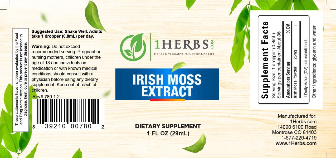 Irish Moss Sea Moss liquid extract 1oz supplement label – thyroid & gut health — 1Herbs