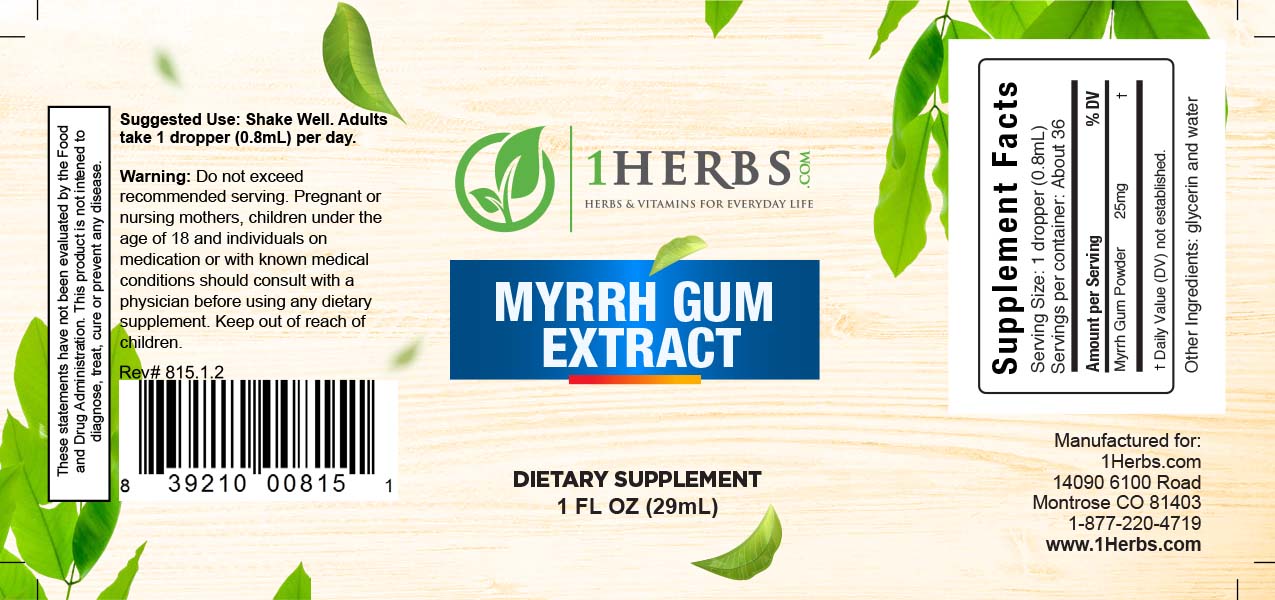 Myrrh Gum liquid extract 1oz supplement label – oral health & wound healing — 1Herbs