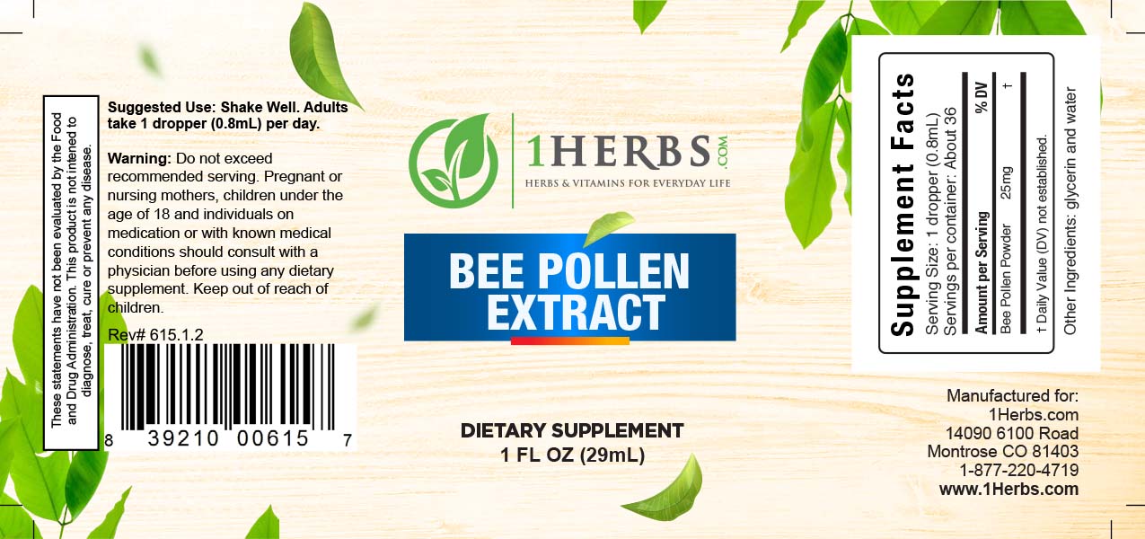 Liquid Bee Pollen extract 1oz supplement label – energy & immune support — 1Herbs