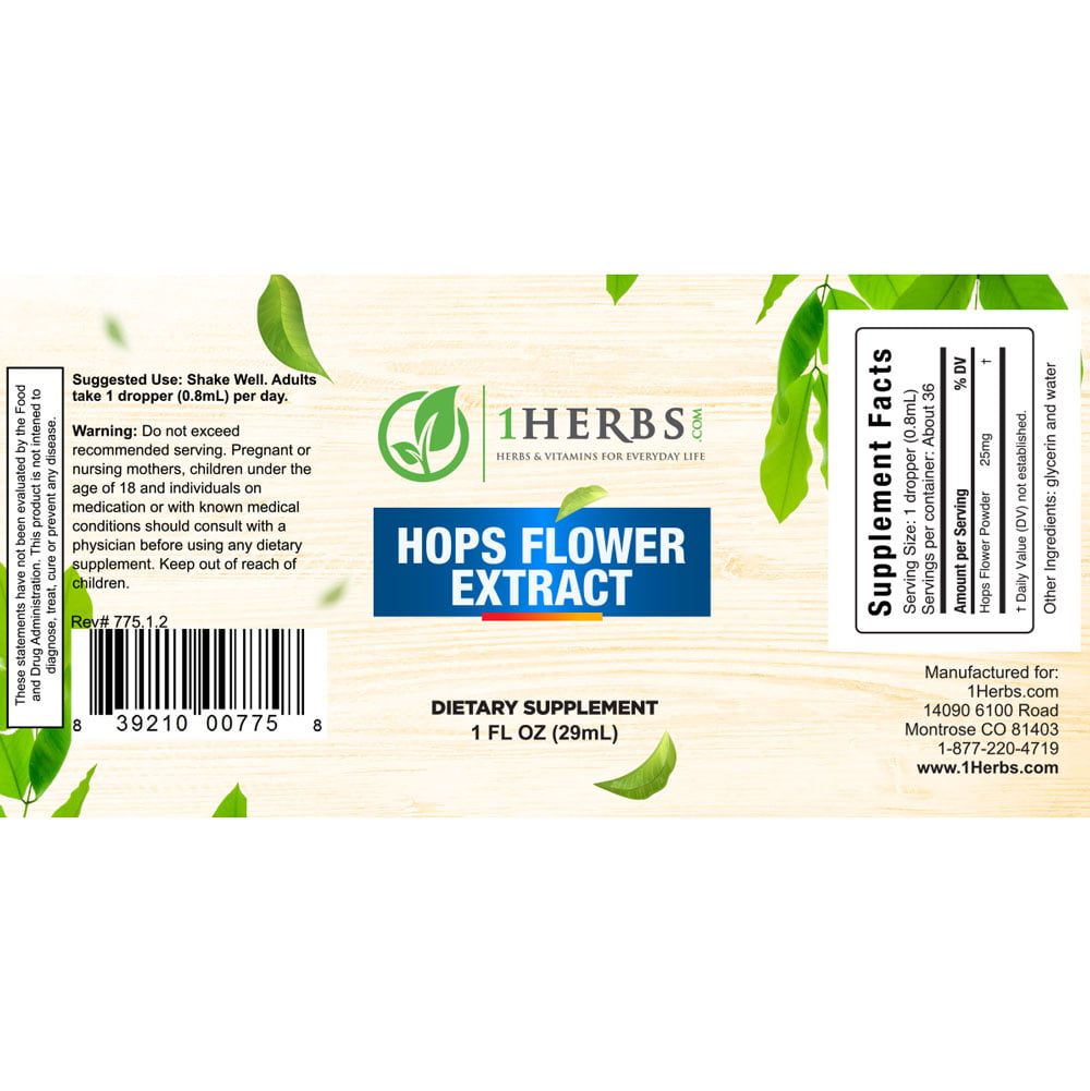 Hops Flower liquid extract 1oz supplement label – natural sleep & relaxation — 1Herbs