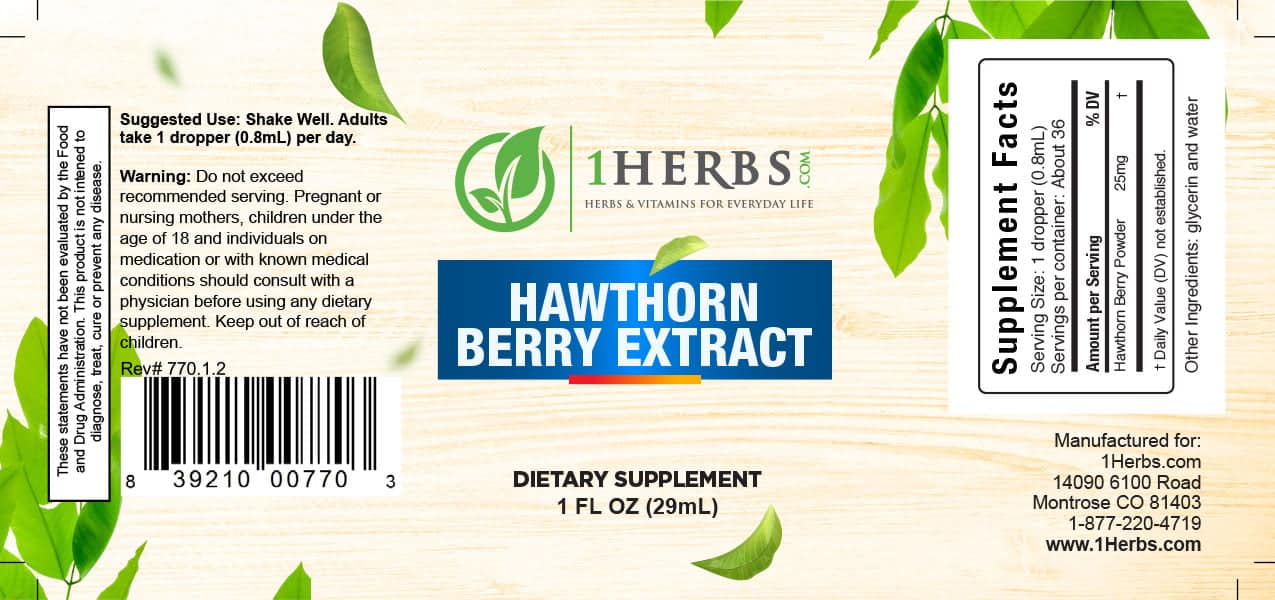 Hawthorn Berry liquid extract 1oz supplement label – heart & blood pressure support — 1Herbs