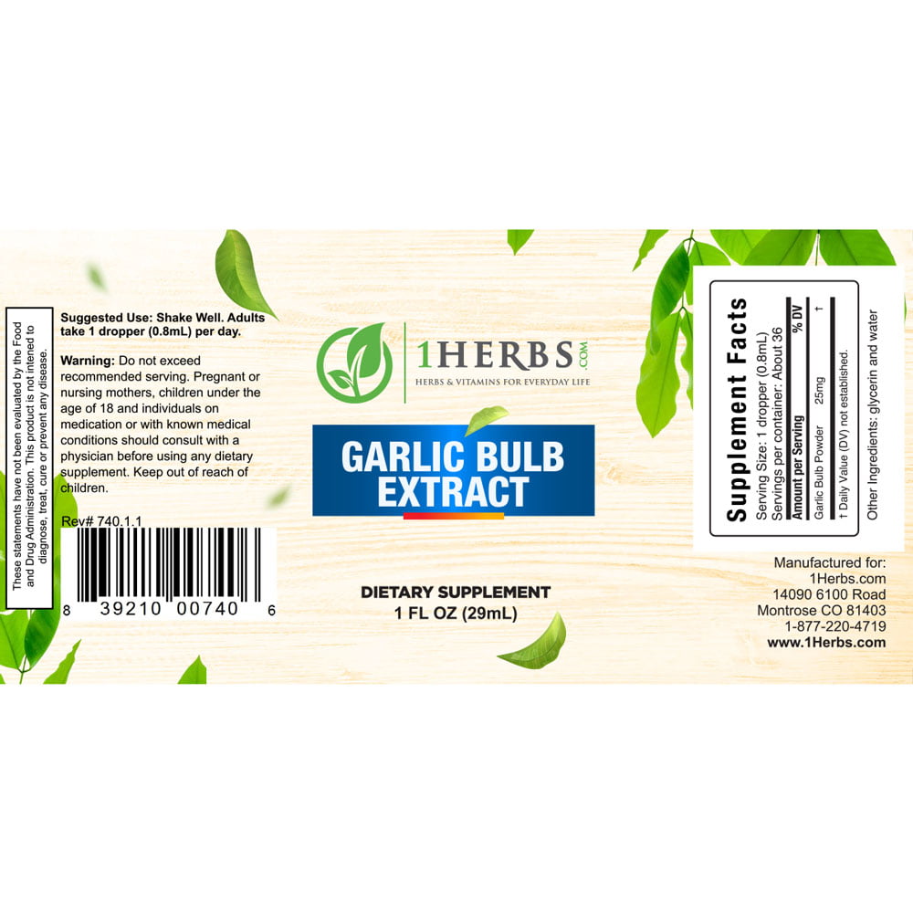 Garlic Bulb liquid extract 1oz supplement label – immune & heart health — 1Herbs