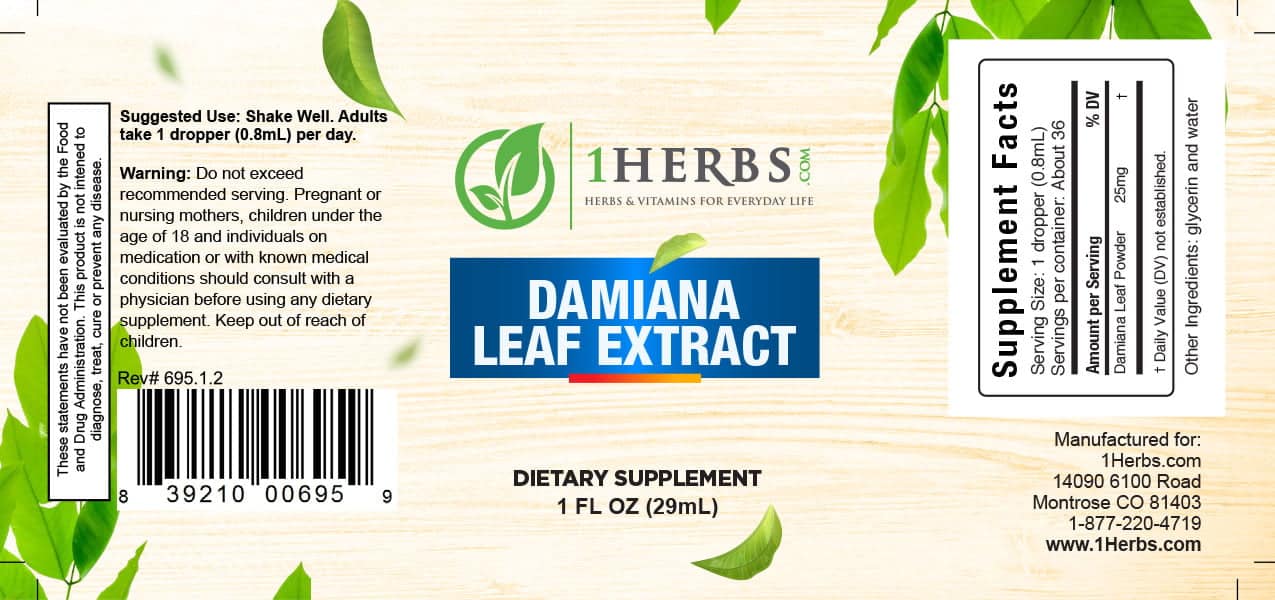 Damiana Leaf liquid extract 1oz supplement label – wellness tonic — 1Herbs