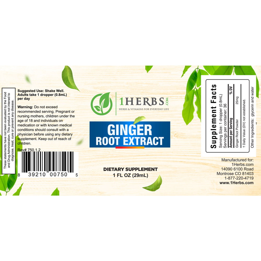 Ginger Root liquid extract 1oz supplement label – digestive & circulation support — 1Herbs