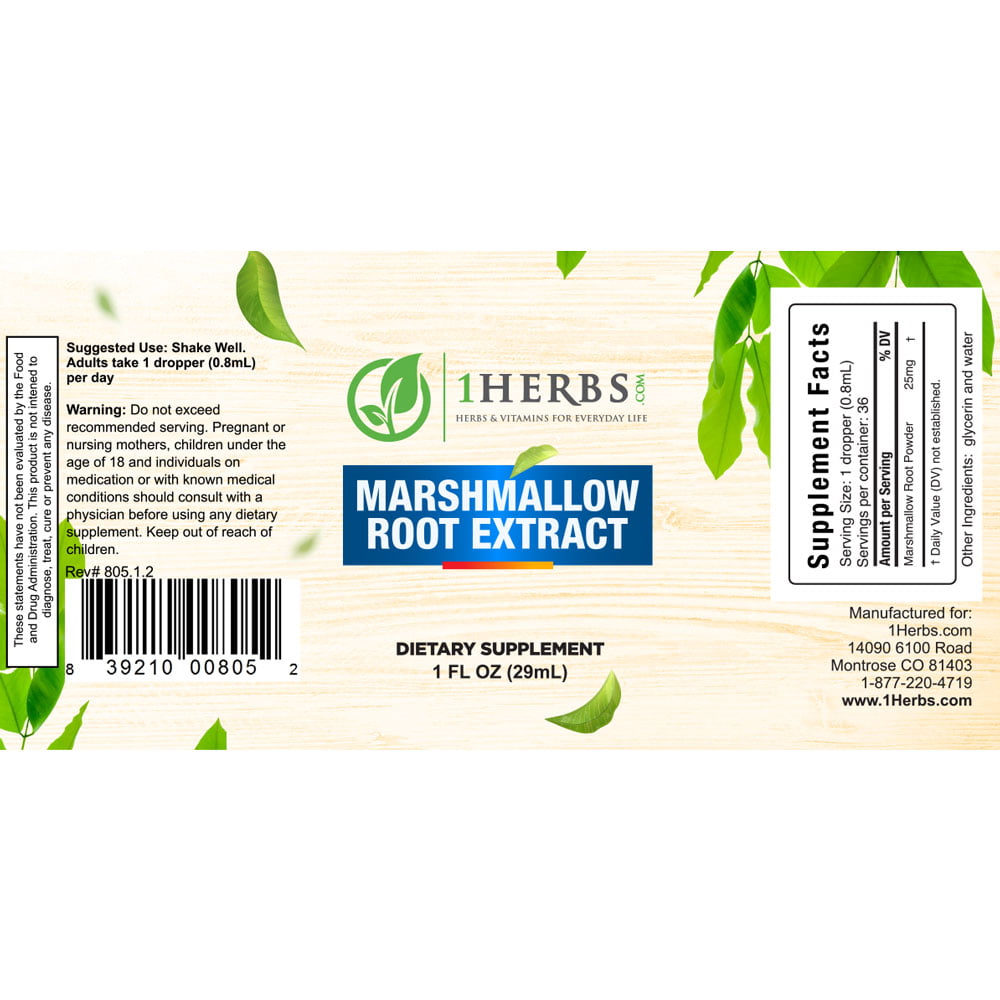 Marshmallow Root liquid extract 1oz supplement label – throat & digestive soothing — 1Herbs