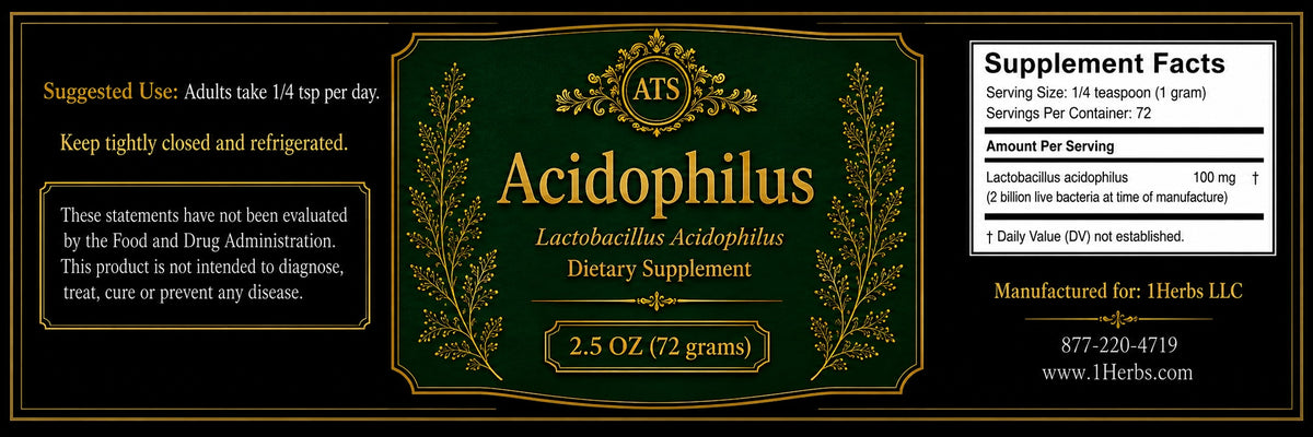 ATS Acidophilus (Lactobacillus acidophilus) probiotic supplement label, 2.5 oz — 1Herbs
