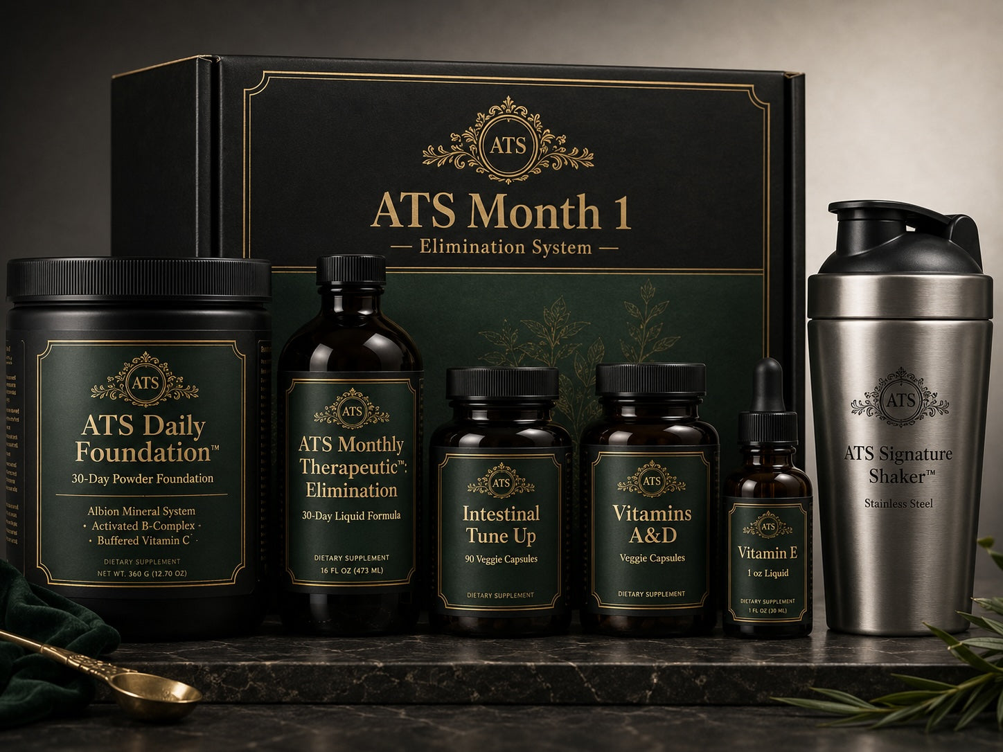 ATS Month 1 Elimination & Cleansing Support monthly wellness pack by 1Herbs — Daily Foundation powder with a monthly therapeutic herbal liquid.