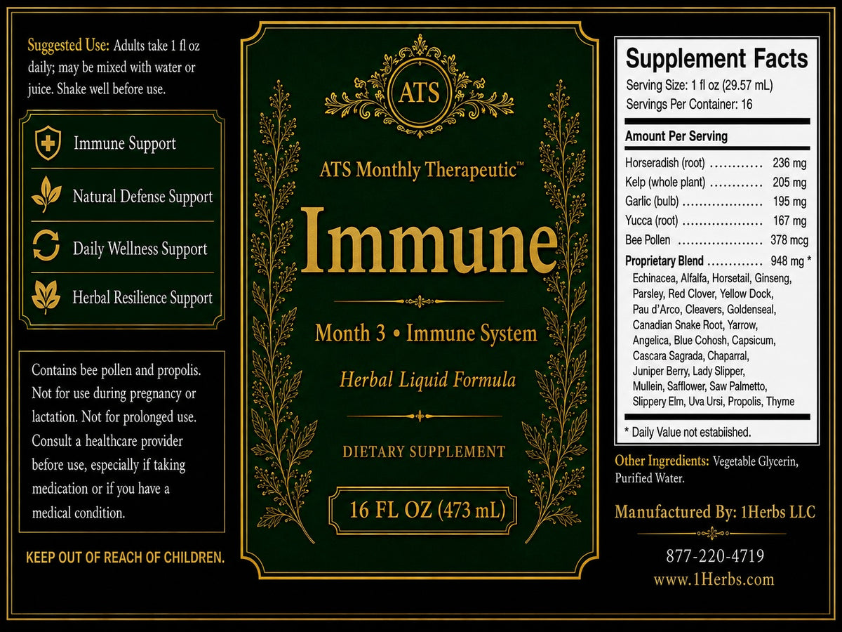 ATS Monthly Therapeutic™ Immune herbal liquid Supplement Facts label, 16 fl oz — 1Herbs