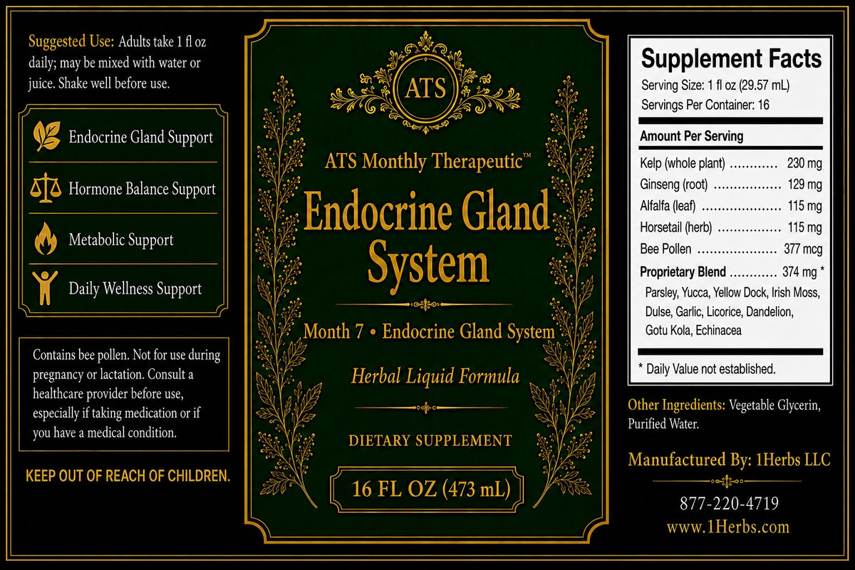 ATS Monthly Therapeutic™ Endocrine & Glandular herbal liquid Supplement Facts label, 16 fl oz — 1Herbs