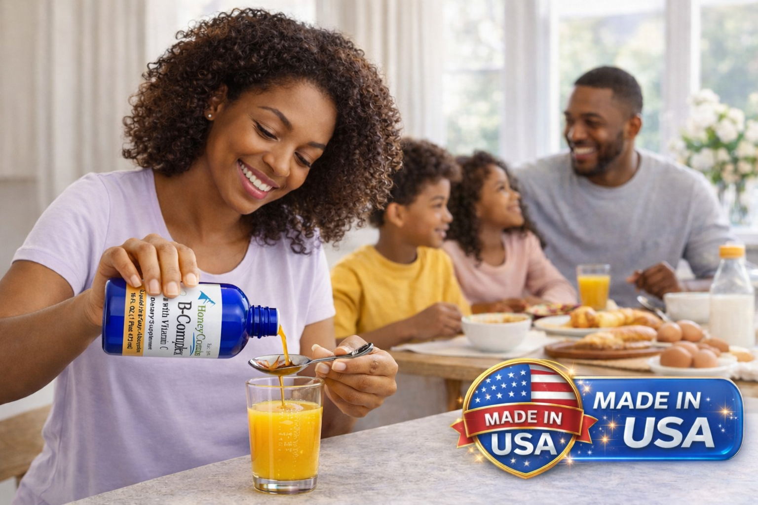 Liquid B-Complex bottle in lifestyle setting — 1Herbs