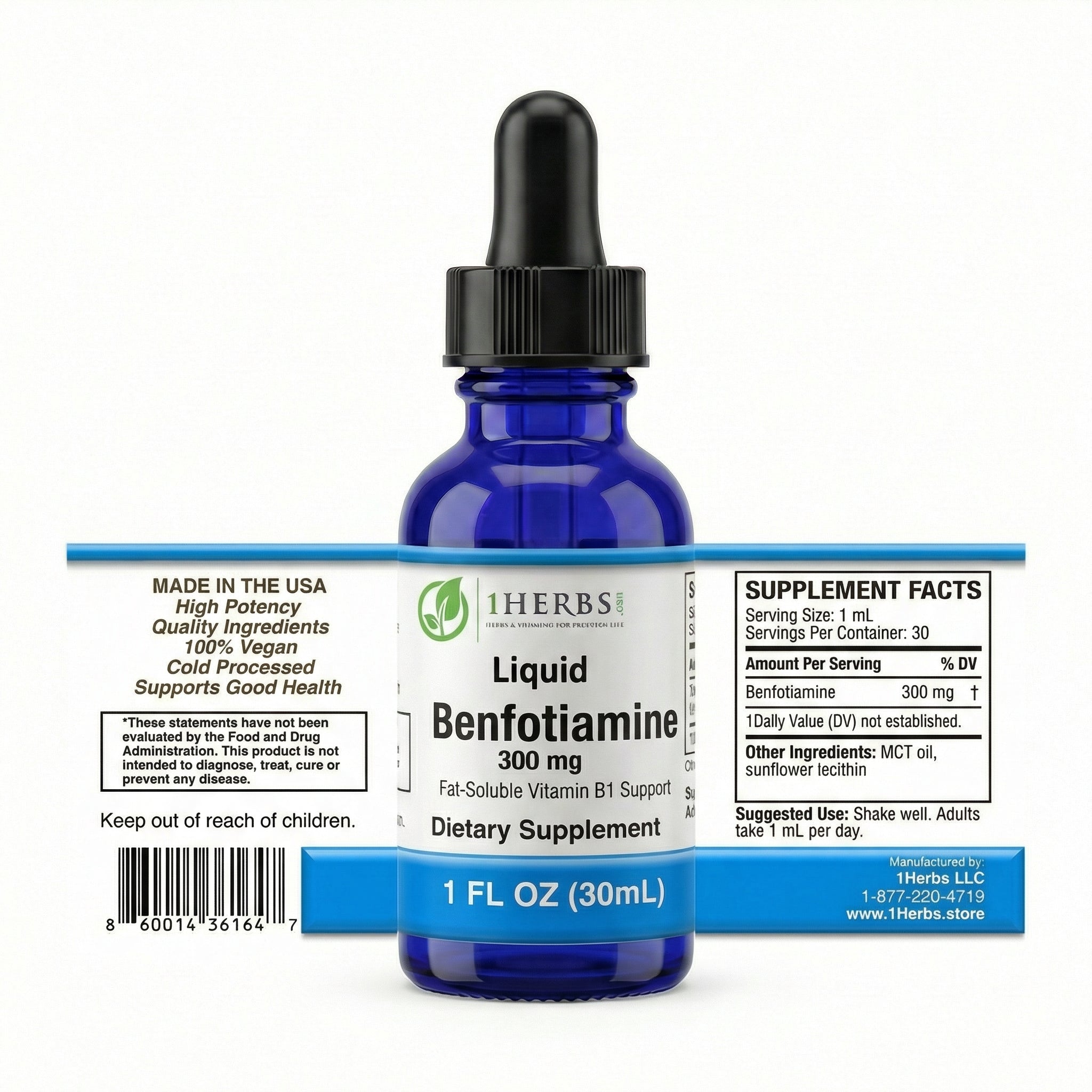 1Herbs Liquid Benfotiamine 300mg – Fat-Soluble Vitamin B1, High-Potency MCT-Based Formula