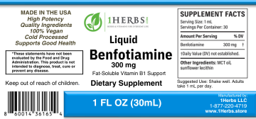 Benfotiamine 1oz supplement facts label nutrition panel — 1Herbs