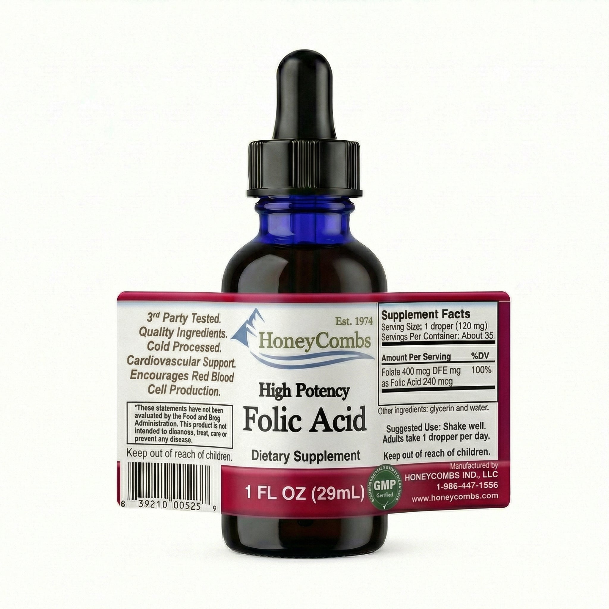 liquid Folic Acid Vitamin B9 - Alcohol Free - Made in the USA - 30 Day Supply - 100% DV per Serving