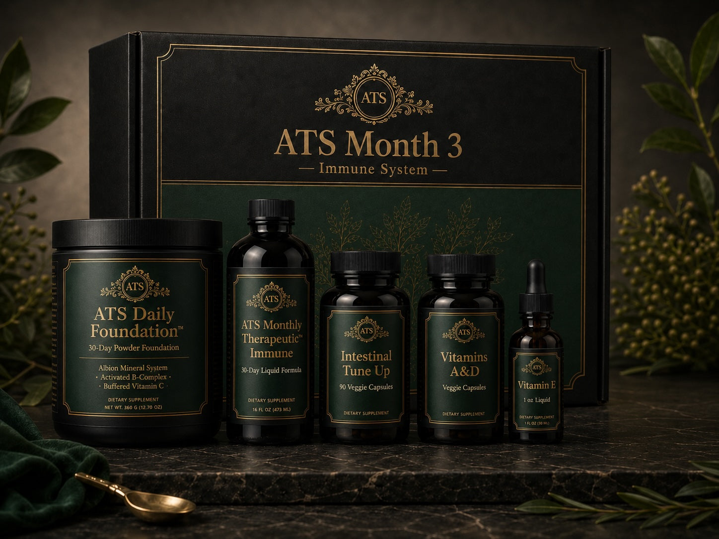 ATS Month 3 Immune Support monthly wellness pack by 1Herbs — Daily Foundation powder with a monthly therapeutic herbal liquid.