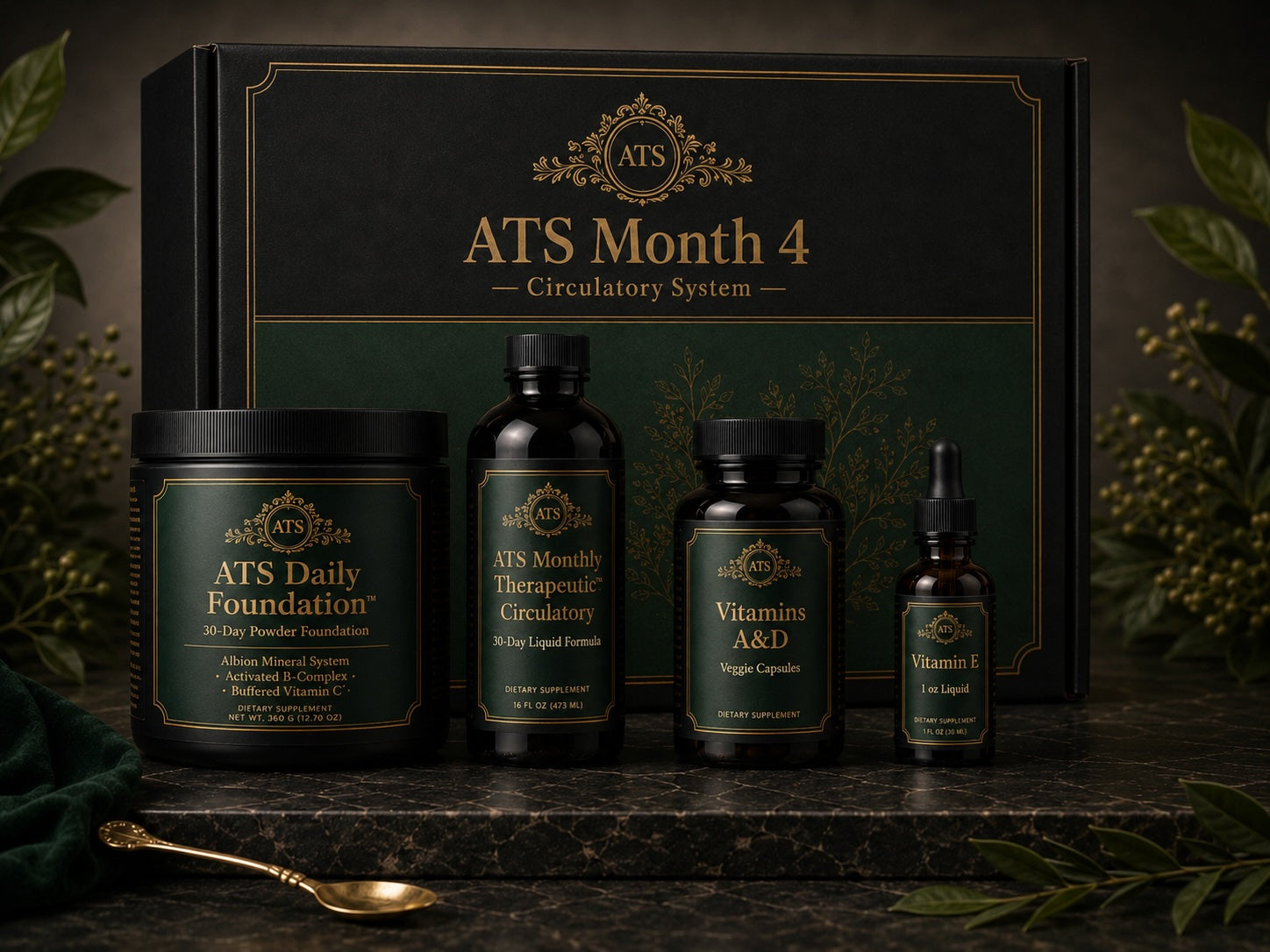 ATS Month 4 Circulatory Support monthly wellness pack by 1Herbs — Daily Foundation powder with a monthly therapeutic herbal liquid.