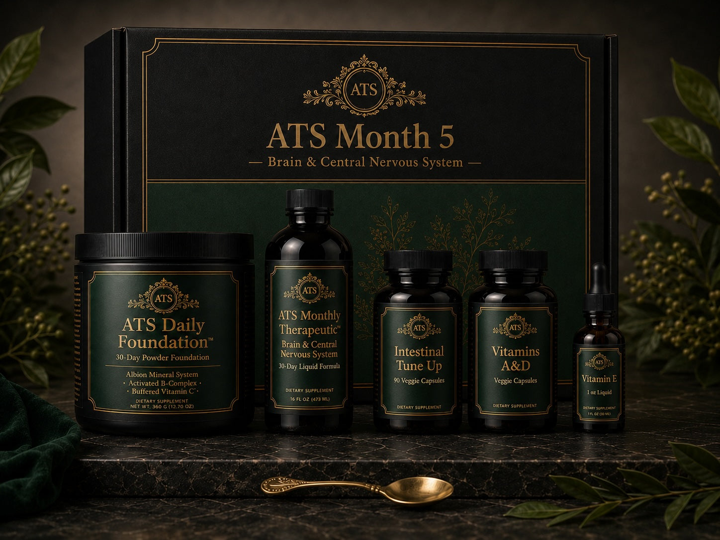 ATS Month 5 Brain & Nervous System Support monthly wellness pack by 1Herbs — Daily Foundation powder with a monthly therapeutic herbal liquid.