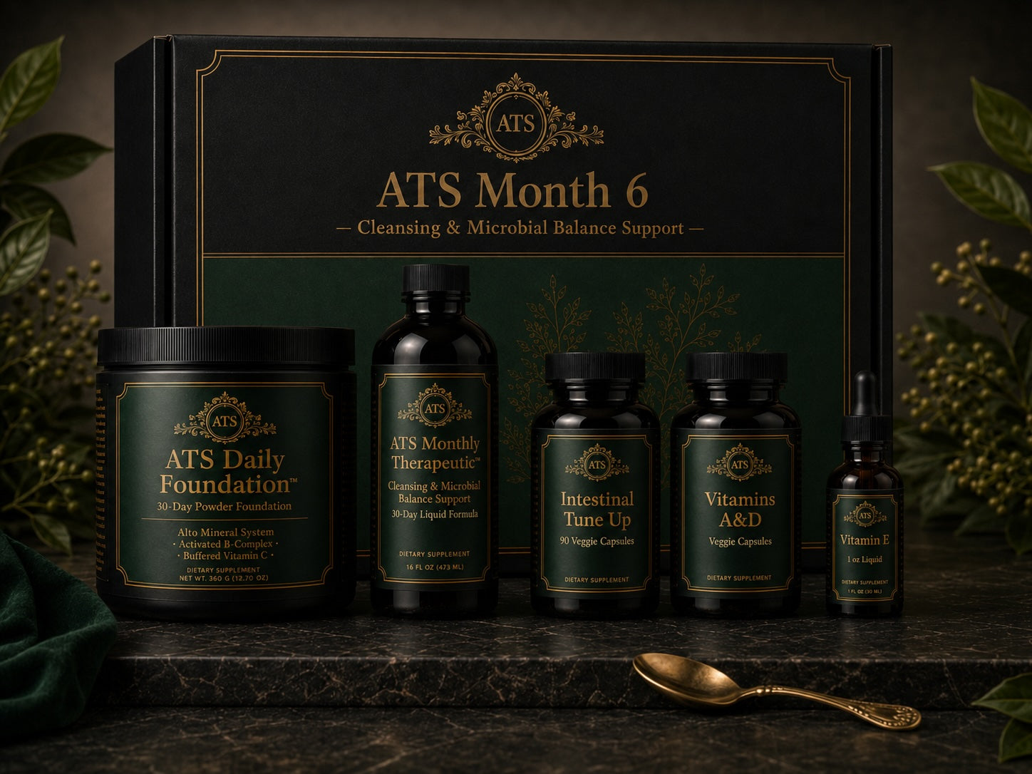 ATS Month 6 Cleansing & Microbial Balance Support monthly wellness pack by 1Herbs — Daily Foundation powder with a monthly therapeutic herbal liquid.