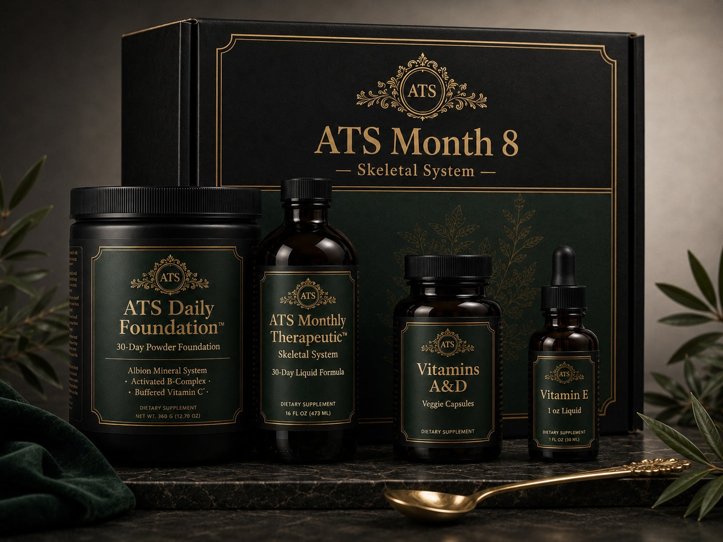 ATS Month 8 Skeletal & Bone Support monthly wellness pack by 1Herbs — Daily Foundation powder with a monthly therapeutic herbal liquid.