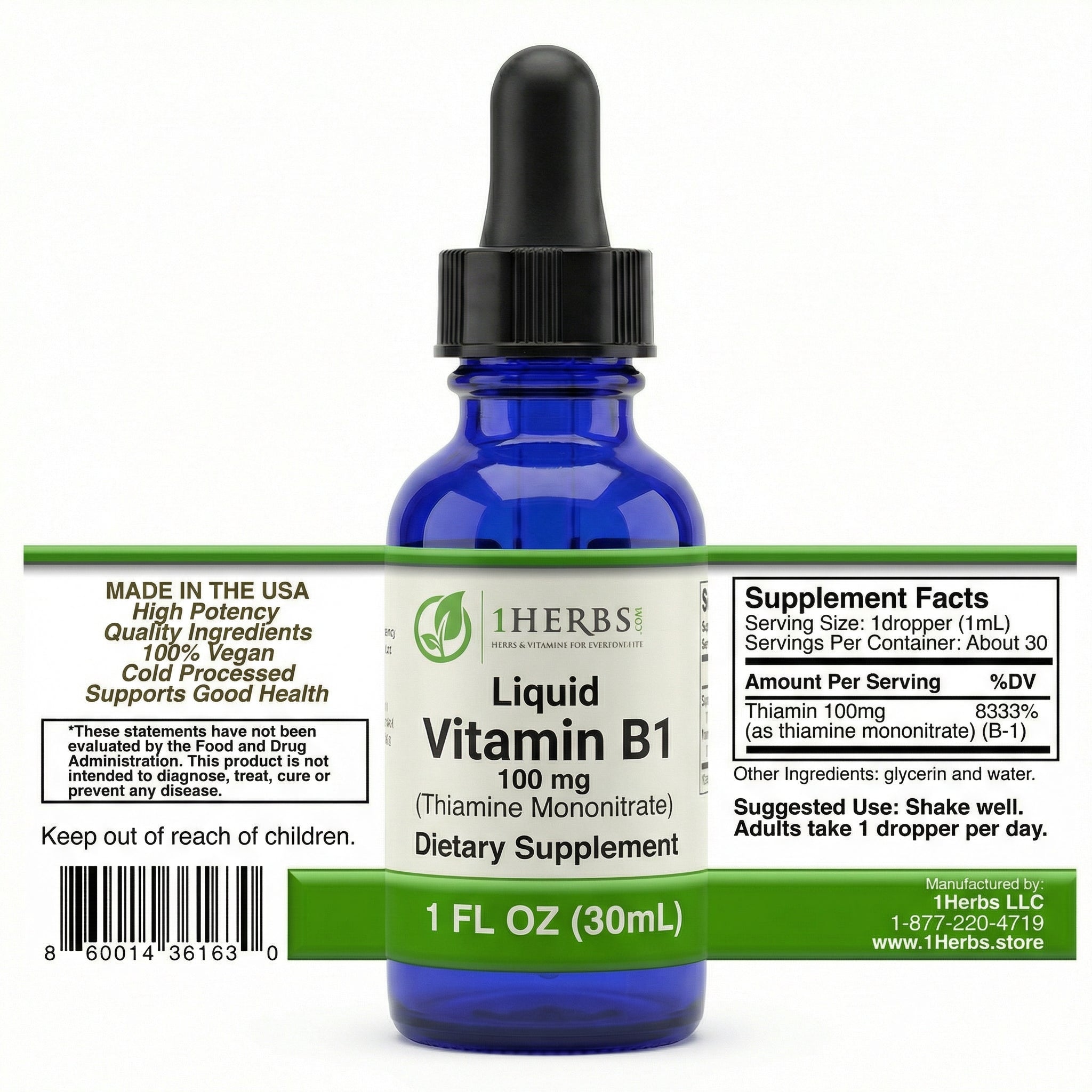 1Herbs Liquid Thiamine Mononitrate 100mg Vitamin B1 – Alcohol-Free Clean Daily B1 Support