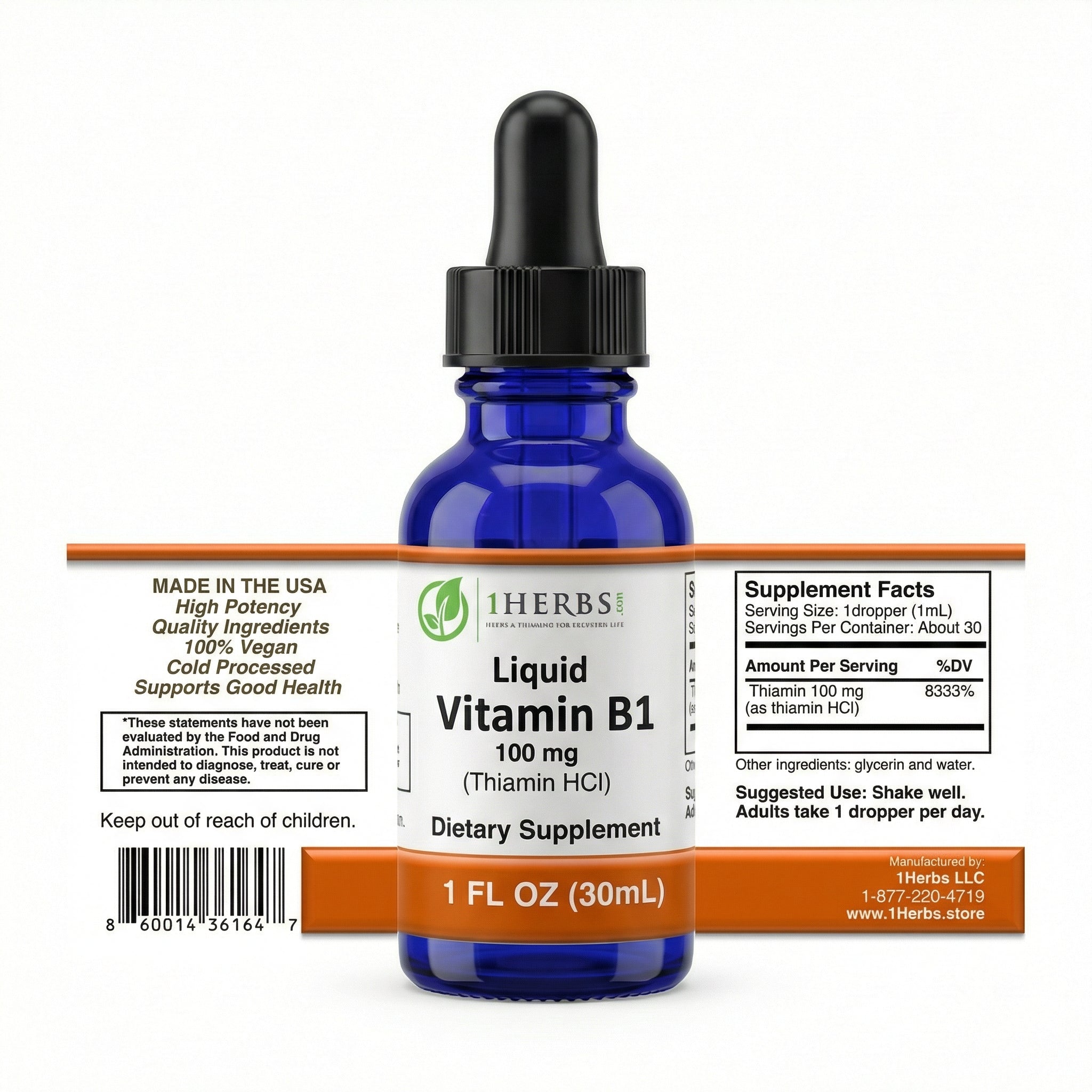 Liquid Vitamin B1 (Thiamine HCl) 100mg – Made in the USA - Fast-Absorbing Thiamine Drops for Energy, Nerve & Brain Support | Alcohol-Free